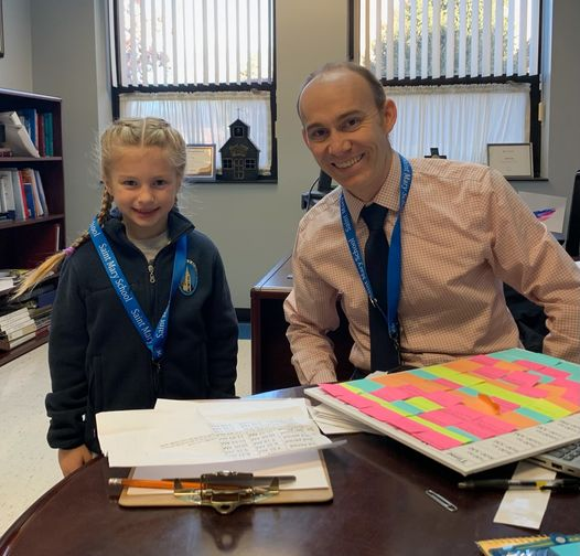 Lea from Mrs. Olsen’s Kindergarten class, is Principal for the day, helping Principal Fuja. We are so excited to see young kids grow! <a href="/archchicago/">Archdiocese Chicago</a> <a href="/ChiCathSchools/">Chi Catholic Schools</a> <a href="/chicagocatholic/">Chicago Catholic</a> <a href="/SaintViatorHS/">Saint Viator HS</a> <a href="/IgnatiusChicago/">Saint Ignatius</a> <a href="/MountCarmelHS/">Mount Carmel H.S.</a> #Love #Faith #Hope #Catholiceducation #GodisGood