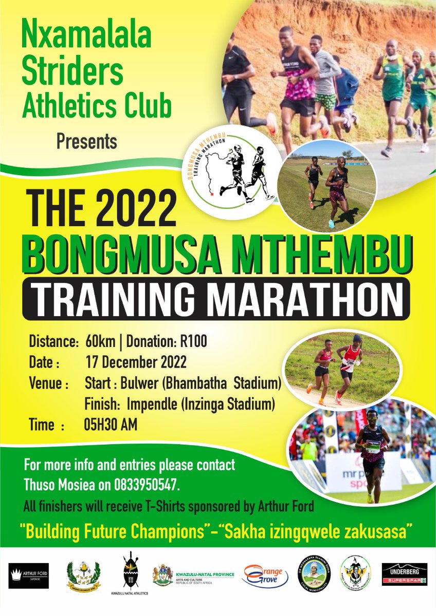 60km Bongmusa Mthembu Training Marathon for 2022 is back.
Date is on Saturday 17 December.
<a href="/thuso6/">tmosiea@gmail.com</a> 
<a href="/kznathletics/">KZN Athletics</a>
<a href="/RealBongmusa/">Bong'musa Mthembu</a> 
<a href="/sportmansa/">Manfred Seidler</a>
<a href="/ComradesRace/">ComradesRace</a>
<a href="/MichaelSeme08/">Sponge Group</a> 
<a href="/SocialRunnersSA/">The Social Runners Club</a>