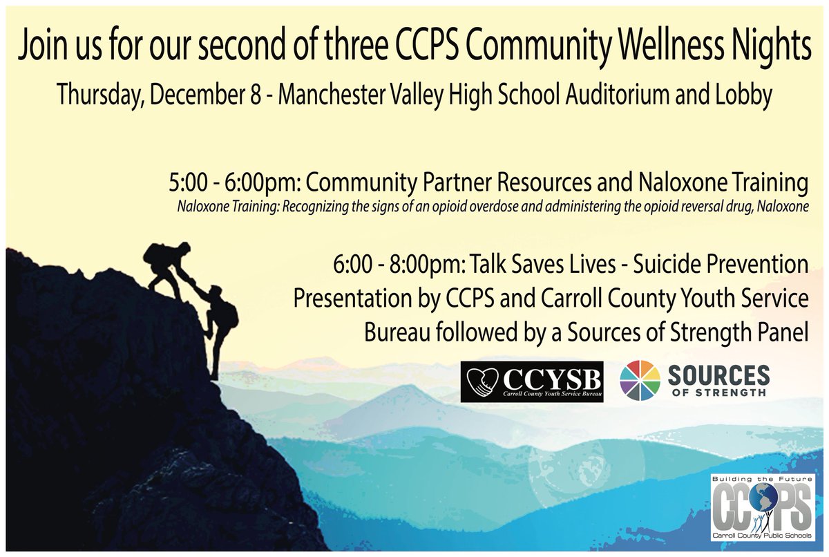 CCPS Health PE (@ccps_hpe) on Twitter photo Friendly reminder of our second community event coming next week Dec. 8th from 6-8 PM. Come hear about Suicide Prevention and resources available. <a href="/CCPSk12/">Carroll County PS</a> <a href="/ccpsesolteam/">CCPSESOLTeam</a> <a href="/CCPS_Sources/">CCPS Sources of Strength</a> <a href="/CCPS_MVHS/">Manchester Valley HS</a> Friendly reminder of our second community event coming next week Dec. 8th from 6-8 PM. Come hear about Suicide Prevention and resources available. <a href="/CCPSk12/">Carroll County PS</a> <a href="/ccpsesolteam/">CCPSESOLTeam</a> <a href="/CCPS_Sources/">CCPS Sources of Strength</a> <a href="/CCPS_MVHS/">Manchester Valley HS</a>
