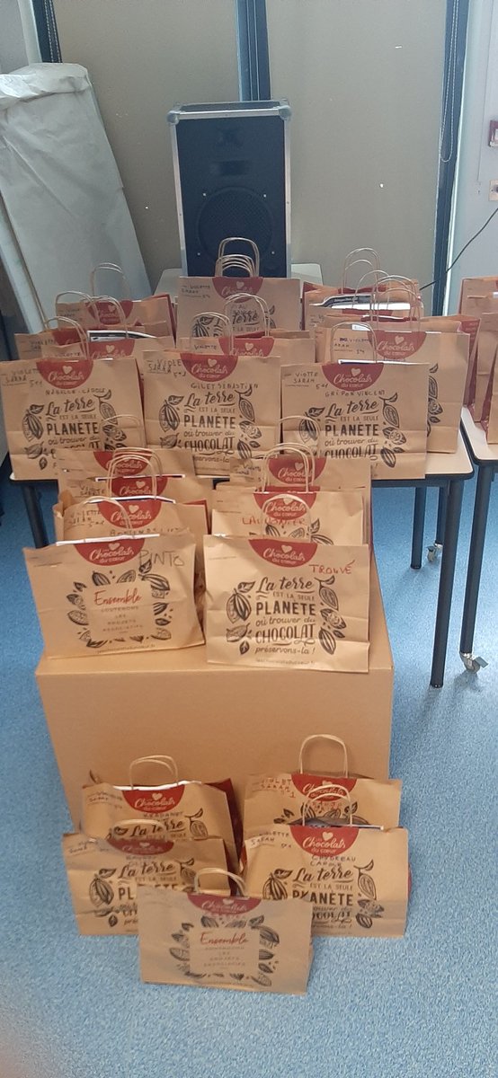 Les chocolats sont arrivés et les paquets sont prêts ! La distribution a commencé.  Rapprochez vous de mesdames Dreyfus, Roggy, Fajoux et M. Caberty.  Bravo à nos deux super vendeuses Sarah DP et Violette C qui ont vendu pour près de 1 500 euros ! Une photo de leurs commandes !