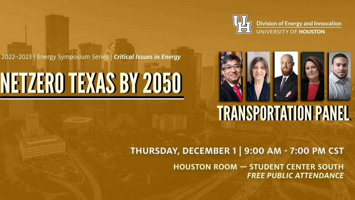 NEXT UP: Join us for our Transportation panel discussion during #uhenetzero2050. Highlighting this conversation will be UH VP of Energy/Innovation @krishnamoorti, @UHCOT's Margaret Kidd, @EvolveHoustonTX's @EVHpres, Port Houston's Trae Camble, & @UHBauerCollege's Funda Sahin!