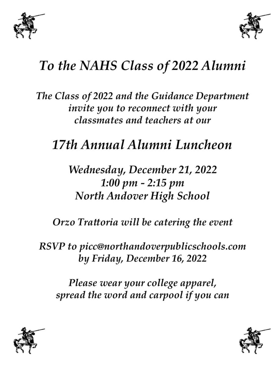 NAHSClass22's tweet photo. ‼️Class of 2022 RSVP to the  Alumni Lunch 12/21‼️
@NASupt @chetjackson22 @NA_Athletics @GuidanceNAHS https://t.co/25BKS05i1B