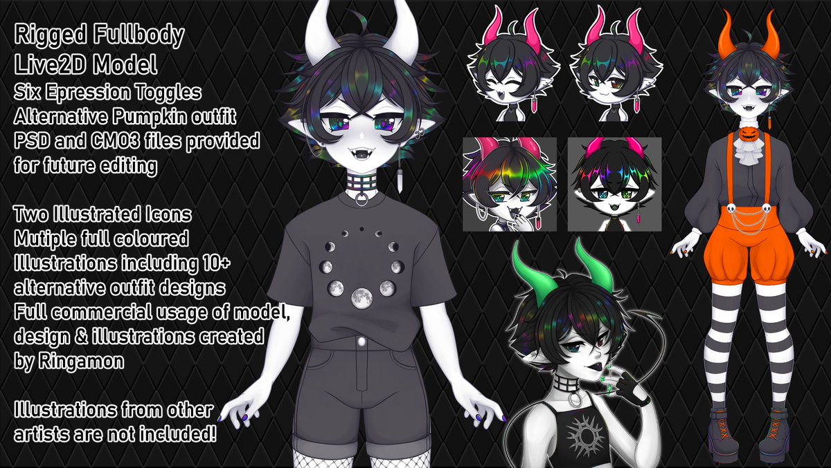 Ringamon's tweet image. 😈DEMON VTUBER MODEL FOR SALE😈

I'm really sad to let this design go BUT I feel bad just letting it gather dust, so I'm offically accepting offers on this design! Examples of the rigging are in the thread
Retweets are really appricated!

#vtuberforsale #VTuberUprising #ENVtuber