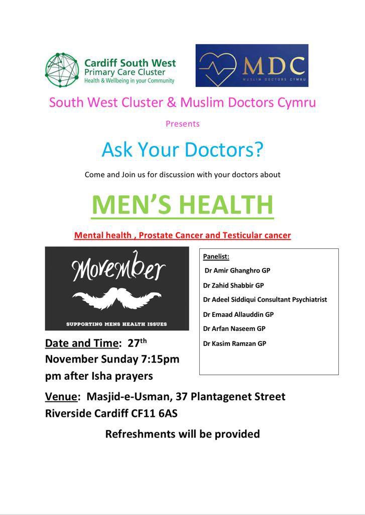 MDC in collaboration with <a href="/CardiffSW/">Cardiff SW Cluster</a> held a Men’s Health Q&amp;A session in Masjid-e-Usman for #Movember

It was a great event with lots of questions. Thanks to @TTCWales for providing their excellent multi language resources for the community. #movember2022 #MensHealth