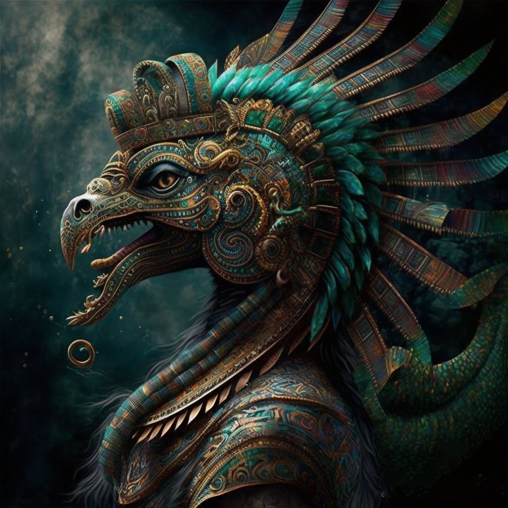 marcushislop's tweet photo. I asked #babyskynet in July for an image of Quetzalcoatl  and then one tonight. AI art is coming along a pace. Some are not happy. I fucking love it. It is alchemical. https://t.co/F6PdgVlL7U