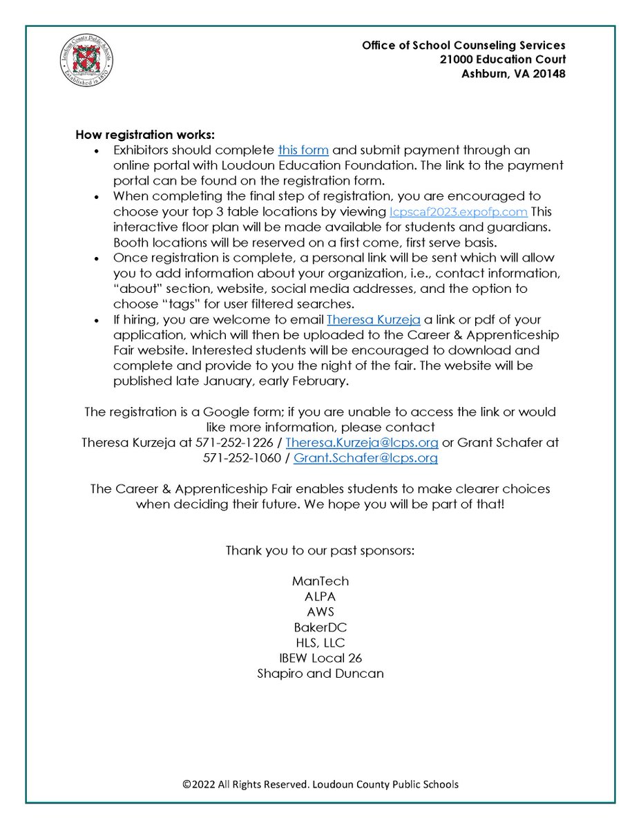 Hello! The Career &amp; Apprenticeship Fair will be held on April 12, 2023 from 6:30-8:30 at the Academies of Loudoun. Exhibitor registration is now open to businesses, organizations, and non-profits. forms.gle/U4hmQzsba2SysD… Come share your career journey with our students!