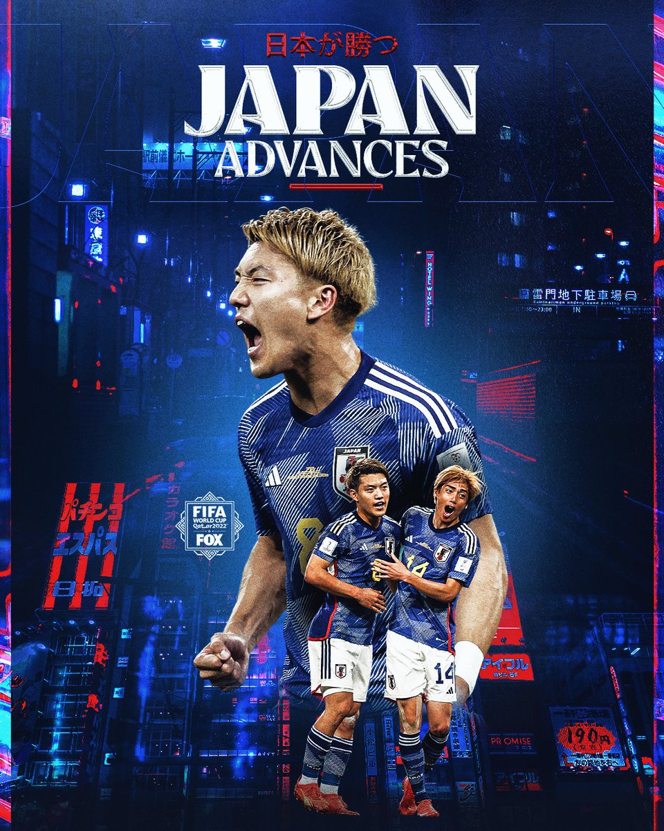 FOXSoccer's tweet photo. JAPAN ADVANCES 🇯🇵

Japan finishes Group E with wins against Germany and Spain to clinch a spot in the knockout stage 🔥 https://t.co/Os5iAJJHvW