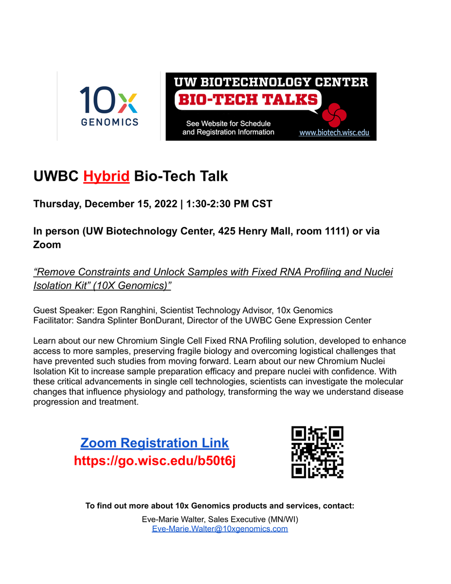 Join us on December 15th (1:30-2:30) for our monthly hybrid UWBC Bio-Tech Talk! Guest speaker: Egon Ranghini, Scientist Technology Advisor <a href="/10xGenomics/">10x Genomics</a> 
 
Come in person (425 Henry Mall) or join us via Zoom: go.wisc.edu/b50t6j 

<a href="/UWMadScience/">UW–Madison Science</a> <a href="/UWiscResearch/">UWResearch</a> <a href="/UWCarbone/">UW Health | Carbone Cancer Center</a>