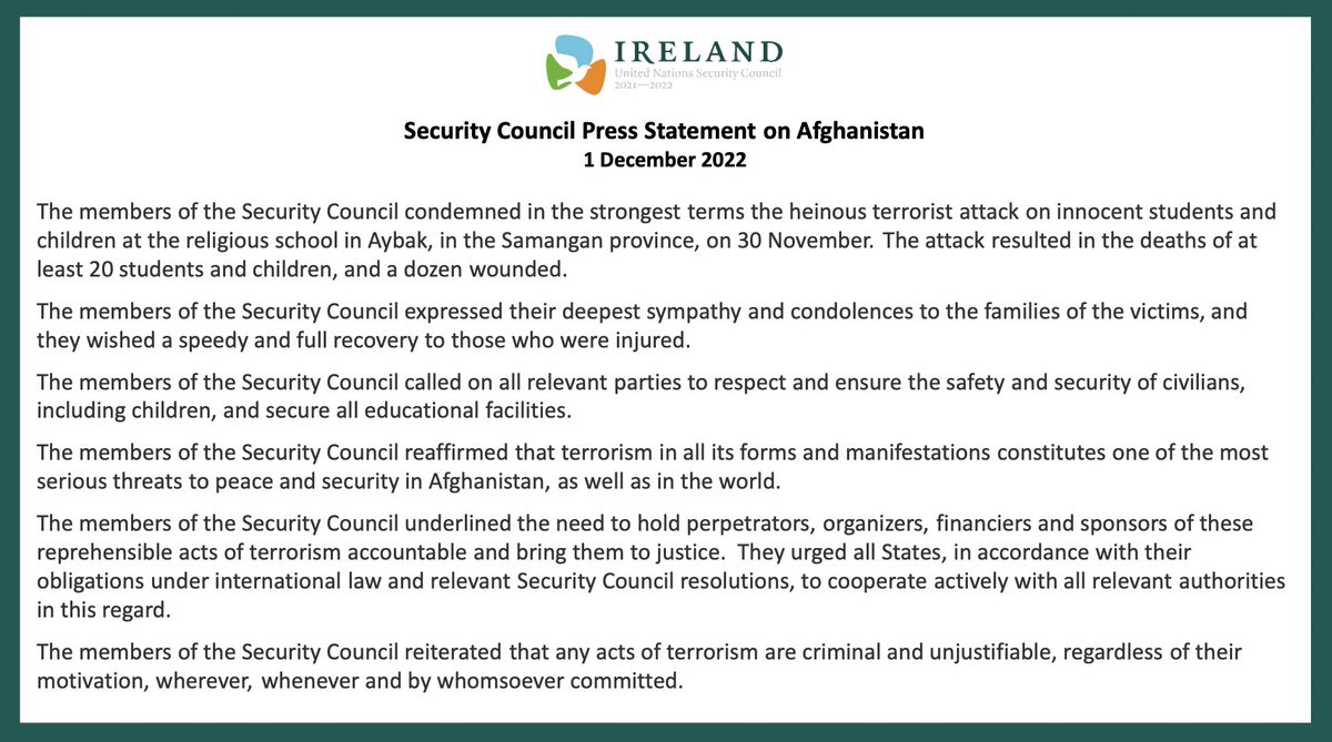 The #UNSC today condemned the horrific attack in Aybak #Afghanistan on 30 November, which killed at least 20 students. The targeting of children & youth in educational settings is reprehensible & yet another assault on the right to education in 🇦🇫. Read the statement below👇