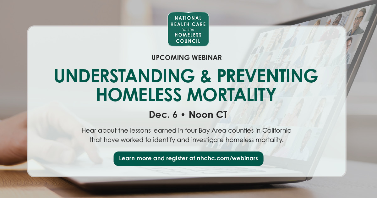 NatlHCHCouncil's tweet photo. UPDATED REGISTRATION LINK! Join us at noon central on 12/6 for a webinar all about reducing #HomelessMortality. We’ll look at lessons gleaned from 4 California counties investigating homeless mortality and how to prevent it. Sign up here: https://t.co/4jE7LhMeUM https://t.co/LA5yabnflJ