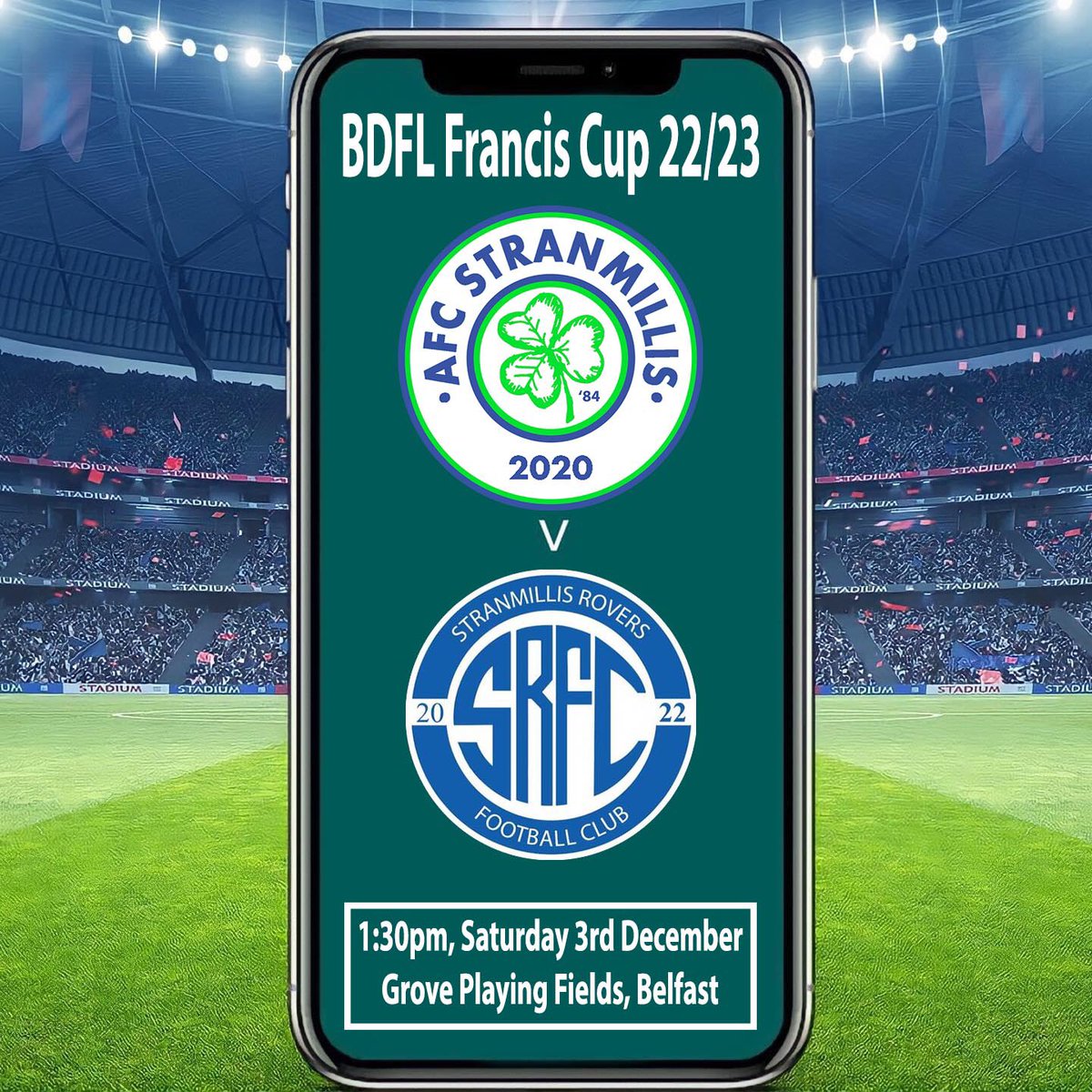 🚨 MATCHDAY 🚨
⚽️ <a href="/UppaStran/">AFC Stranmillis</a> v Stranmillis Rovers
🏆 #BDFL Francis Cup - Round 2
📆 Saturday 3rd December
🕗 1:30pm KO
📍 Grove Playing Fields, Jellicoe Avenue, #Belfast

✅ ALL SUPPORTERS WELCOME
#UppaStran #StranByYourMan
#football #Belfasthour
Club Sponsor: The Hunting Lodge