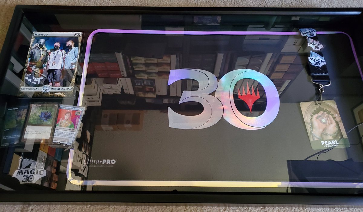 JoshEnke's tweet photo. Put together a shadow box with some of my things from #Magic30 @wizards_magic @TanakhTo @MTG_Arena https://t.co/BHwdKFOb5e