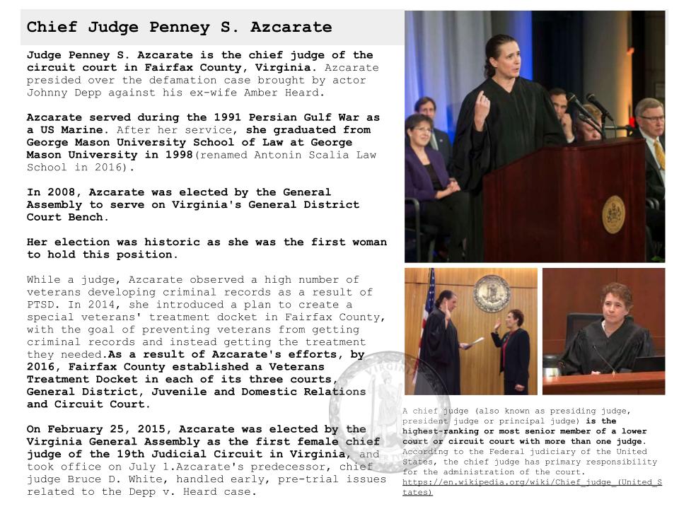 JenKteach's tweet photo. Judge Azcarate! A former US Marine. Elected by the General Assembly to serve on Virginia's General District Court Bench. The 1st woman to hold this position. Elected as the 1st female chief judge of the 19th JC in Virginia, is a much better role model for girls &amp; women than AH! https://t.co/cZdEJamle2