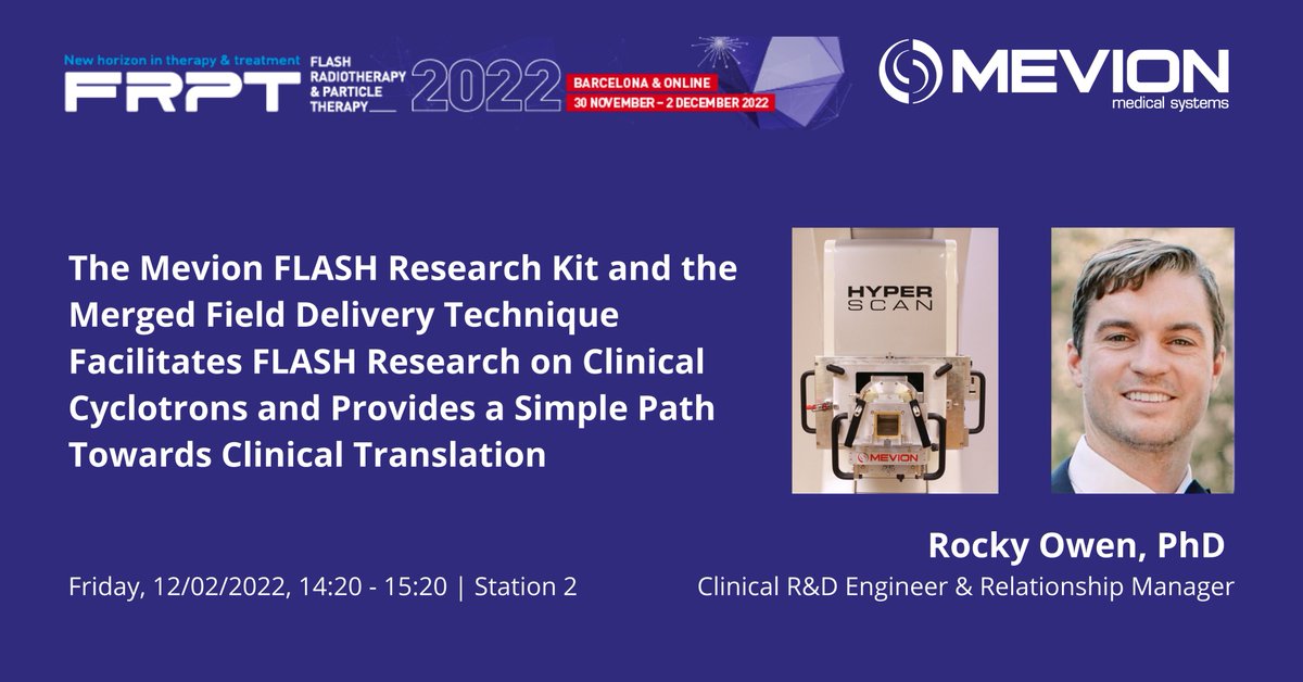 MevionMedical's tweet photo. Attending FRPT 2022? Join Mevion’s Dr. Rocky Owen on Friday, December 2nd as he shares the dosimetric performance of the Mevion FLASH Research Kit. Register for the conference here: https://t.co/2HPJQ0b1Gk 

#Mevion #FRPT2022 #FLASHTherapy #RadiationOncology https://t.co/jZhoGYBzVf