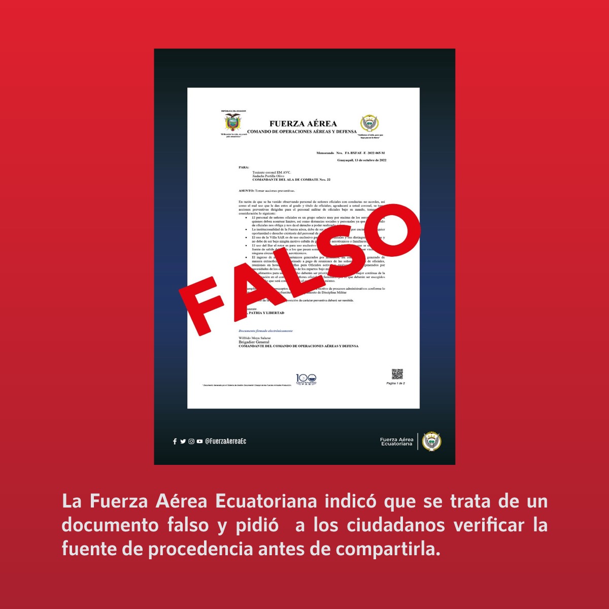 infodemiaMex's tweet image. ❌🇪🇨#Falso comunicado de Fuerza Aérea Ecuatoriana

✔️La @FuerzaAereaEc indicó que se trata de un #DocumentoFalso y pidió a los ciudadanos verificar la fuente de procedencia antes de compartirla.

👉 Desmentido: infodemia.mx/entrada/2662