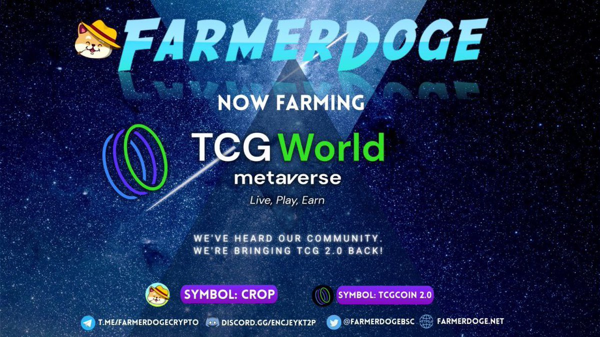 🚨 TCG World News 🚨

#TCGWorld Will Be a Farmed for the Next Month for @FarmerDogeBSC Holders! 🎁

This is the 2nd TCG Farming Round from @FarmerDogeBSC!

Learn More Here: linktr.ee/farmerdoge

#TCGWorld #Metaverse