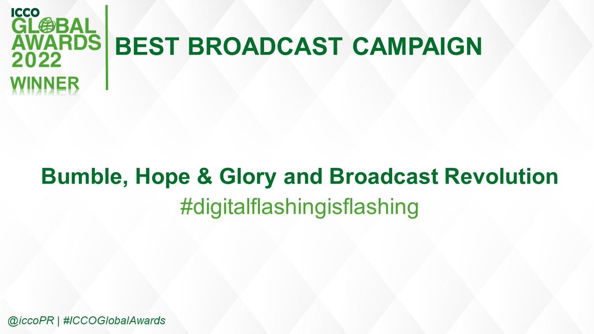 ICCOpr's tweet photo. Huge Congratulations to @Bumble, @HopeandGloryPR and @broadcastrevo for winning the 2022 Best Broadcast Campaign award with #digitalflashingisflashing!
#ICCOGlobalAwards 🌎🏆 https://t.co/qcGAS7yLqt