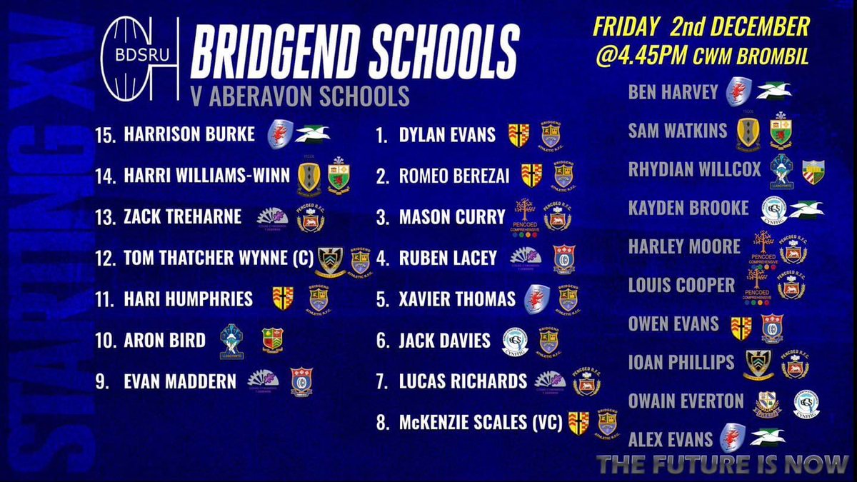 Best of luck to all 7 of our players Tom, Hari, Dylan, Romeo, Xavier, Jack &amp; McKenzie who have been selected to represent Bridgend &amp; District Schools U15s tomorrow vs Aberavon 👏🏼🔰🏉 #TheAth