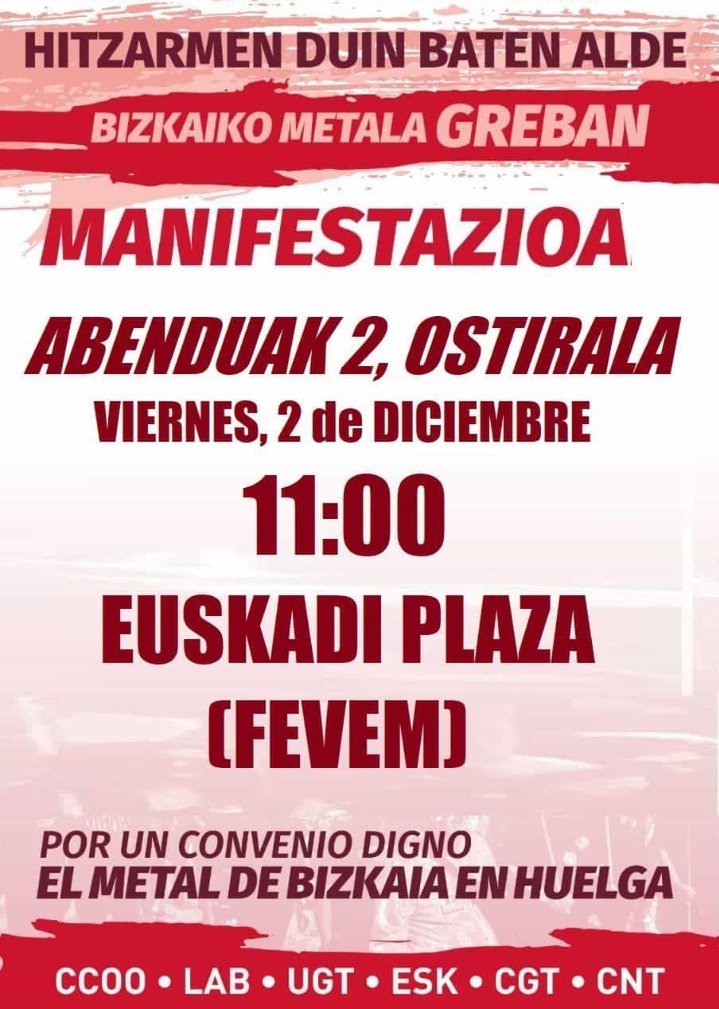LEzkerraldea's tweet photo. Bihar Bizkaiko metalak Bilboko kaleak beteko ditu!!!

Gora langileon borroka!!

#BizkaikoMetalaBorrokan https://t.co/h4dR2Cqpwg
