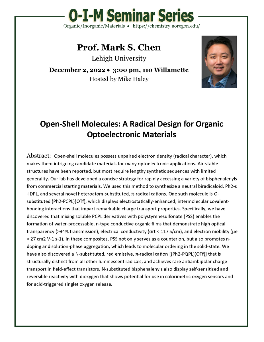 TODAY! O-I-M Seminar - Prof. Mark S. Chen, Lehigh University - December 2, 2022 @ 3:00 pm, 110 Willamette