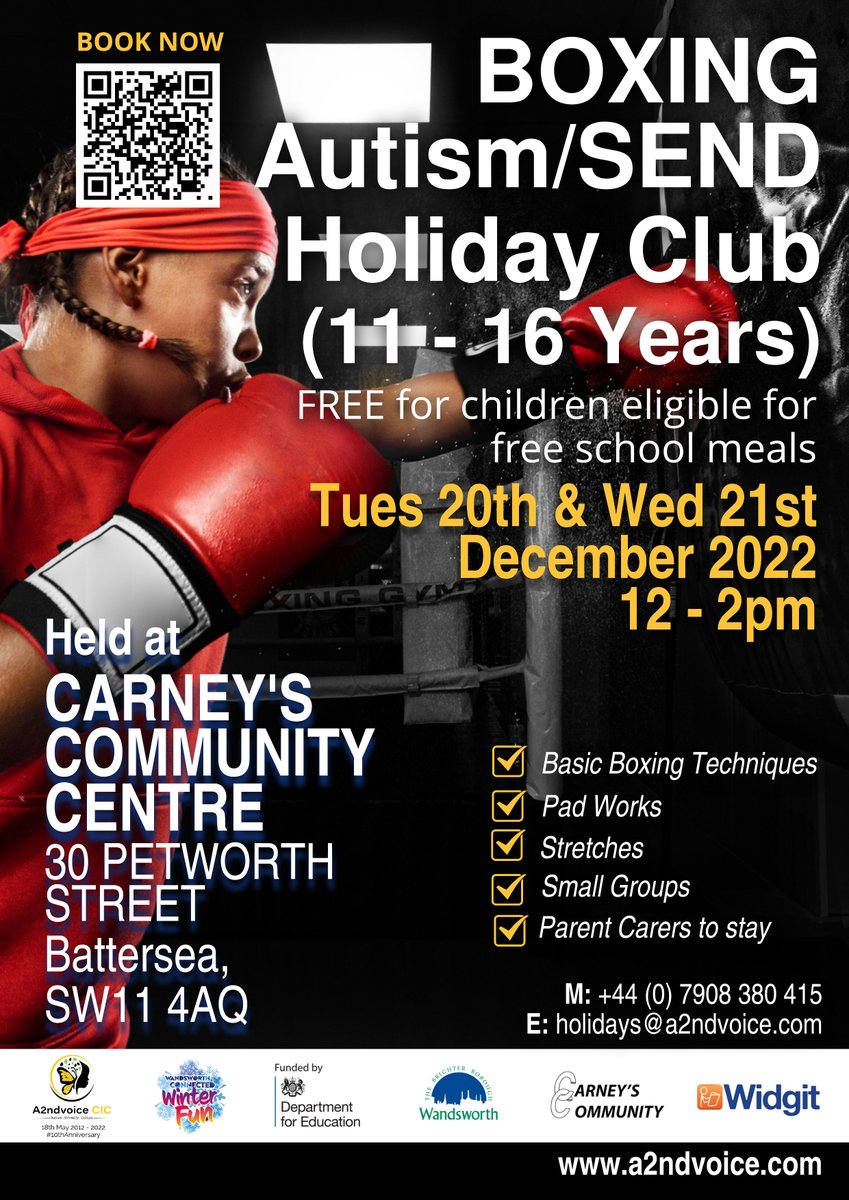 A2ndvoiceCic's tweet image. FREE Autism/SEND Holiday Club (4-16 Yrs) 
20/ 21 Dec, 12-2pm @CarneyCommunity  
a2ndvoice.coordinate.cloud/project/37629

21 / 23 Dec, 1-5pm #TootingLeisureCentre
a2ndvoice.coordinate.cloud/project/37618

28 Dec, 11-6pm @TootingBalhamSC 
a2ndvoice.coordinate.cloud/project/37633

#HAFProgram #Autism #SEND #FSM 

@wandbc