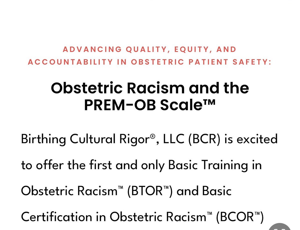 Individuals &amp; institutions involved in reproductive-perinatal health services design, provision, research, evaluation, financing &amp; training need practical knowledge &amp; skills to mitigate obstetric racism &amp; advance obstetric patient safety. Register today!

birthingculturalrigor.com/basictrainingi…