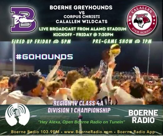 BoerneISD's tweet photo. 🏈🏈🏈

🏆 Region IV Class 4A D1 Championship

🗓️ Friday, December 2nd

🟣 @Boernehs vs. Corpus Christi Calallen

📍Alamo Stadium

⏰ 7:30pm

🎟️ https://t.co/YuLfdN5o0F

📻 https://t.co/njzppQhbFL

📺 https://t.co/WaxwVwvQDN

📺 https://t.co/A34AW4Zy4O (Subscription required) https://t.co/TXucU9X9XS