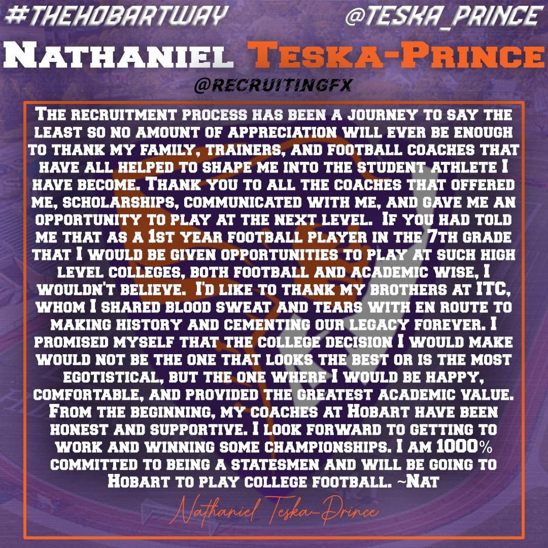 teska_prince's tweet photo. Time to get to work 💜🧡 #COMMITTED 

@HobartFootball @Coach_DeWall @Liam_FMurphy_ @CoachGreenBart @RecruitingFx @Cedric_stevens5 @dante_coker @NP_Recruiting @CoachTolbert315 https://t.co/KSCiUYYhqb
