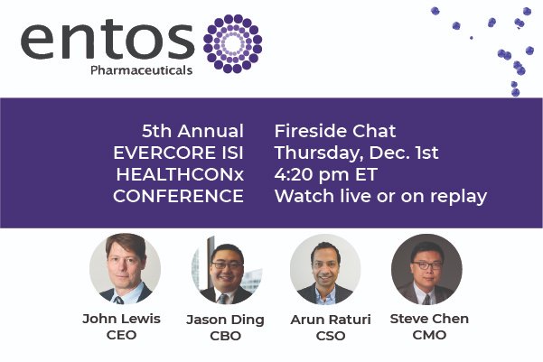 entospharma's tweet image. Don't miss Entos' Fireside Chat @ Evercore ISI HealthCONx Conference live today at 4:20 pm ET / 2:20 pm MT/ 1:20 pm PT. To listen to the webcast register here: entospharma.com/news/5th-annua…
#plv #Fusogenix #entos #Evercore #healthconference  #firesidechat