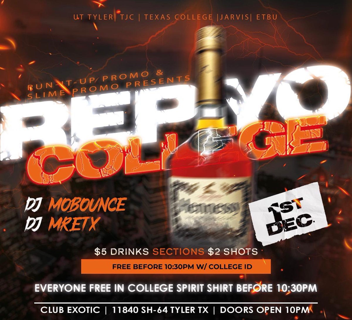 slimegraphix's tweet photo. #RepYoCollege Tonight‼️🪩🕺🎉
Thursday, December . 1st 🎪
UT| TJC | ETBU | TC | JARVIS
🔹EVERYONE FREE BEFORE 10:30PM
🔹FREE W/ COLLEGE SPIRIT SHIRT
🔺Greeks Discount (included)
🔸 ALL COLLEGE NIGHTS AFTER PARTY AT 50 Grand 🔸
#SGXPROMO #RUNITUPPROMO https://t.co/078kg8yVdg