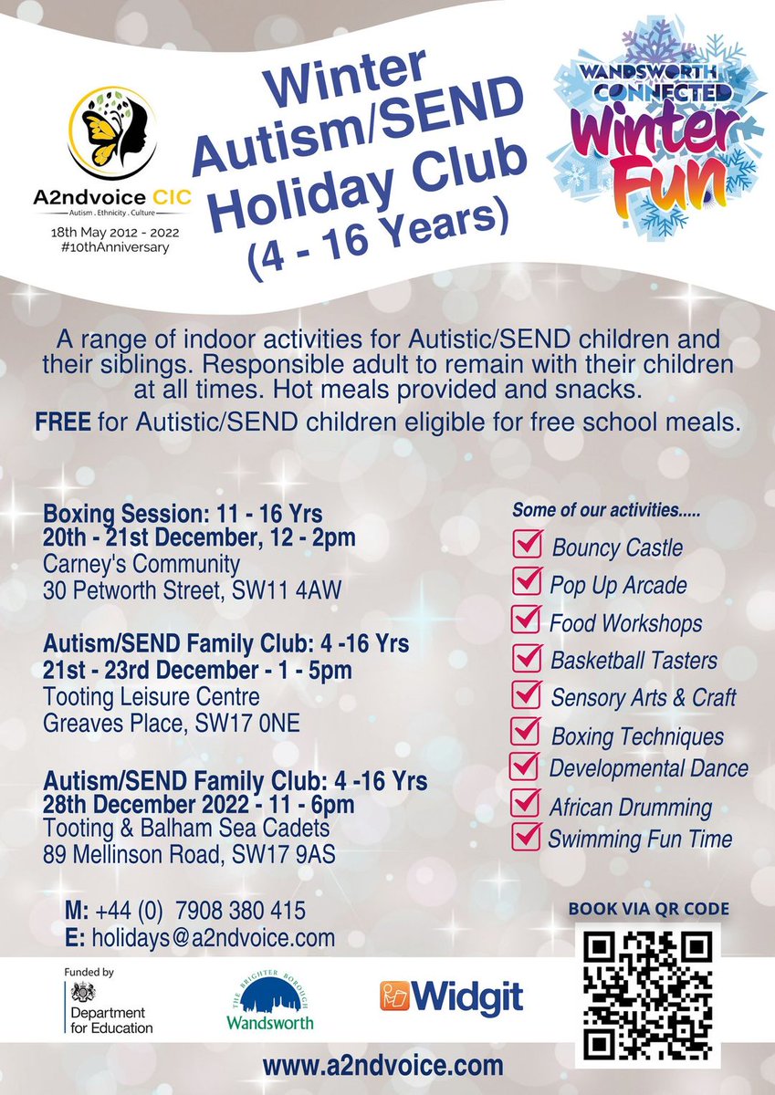 A2ndvoiceCic's tweet image. FREE Autism/SEND Holiday Club (4-16 Yrs) 
20/ 21 Dec, 12-2pm @CarneyCommunity  
a2ndvoice.coordinate.cloud/project/37629

21 / 23 Dec, 1-5pm #TootingLeisureCentre
a2ndvoice.coordinate.cloud/project/37618

28 Dec, 11-6pm @TootingBalhamSC 
a2ndvoice.coordinate.cloud/project/37633

#HAFProgram #Autism #SEND #FSM 

@wandbc