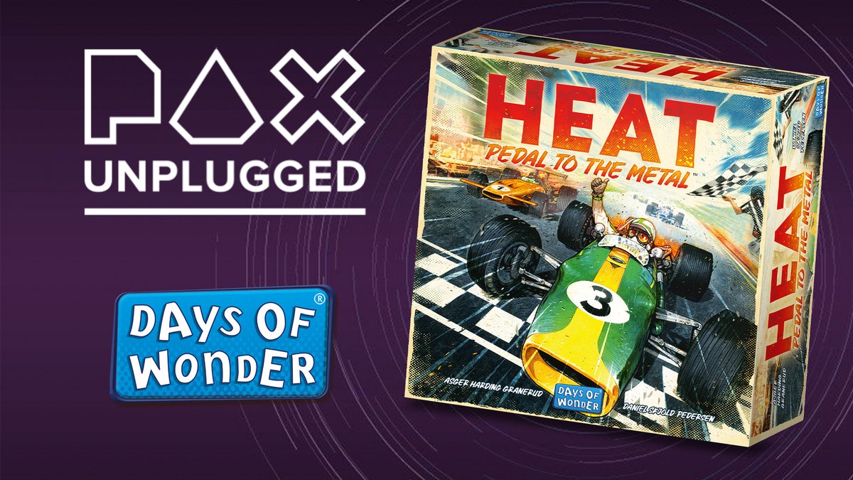 Heat: Pedal to the Metal will be available at the First Look section and for sale at <a href="/pax/">PAX</a> U this week-end! 

📍 Top Deck 
📍 Zulu’s Board Game Cafe
