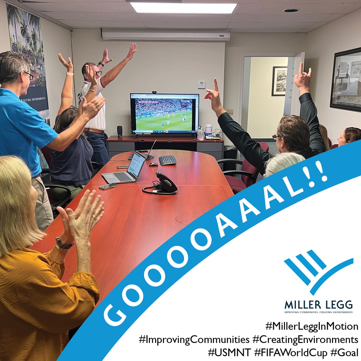 MillerLegg's tweet photo. Some Miller Leggers “Remote Working “ in our Cypress Room to see USA defeat Iran and advance to FIFA World Cup round of 16. USA!!! USA!!!

#MillerLeggInMotion #ImprovingCommunities #CreatingEnvironments #USMNT #FIFAWorldCup #Goal https://t.co/EPCgxGm5ju