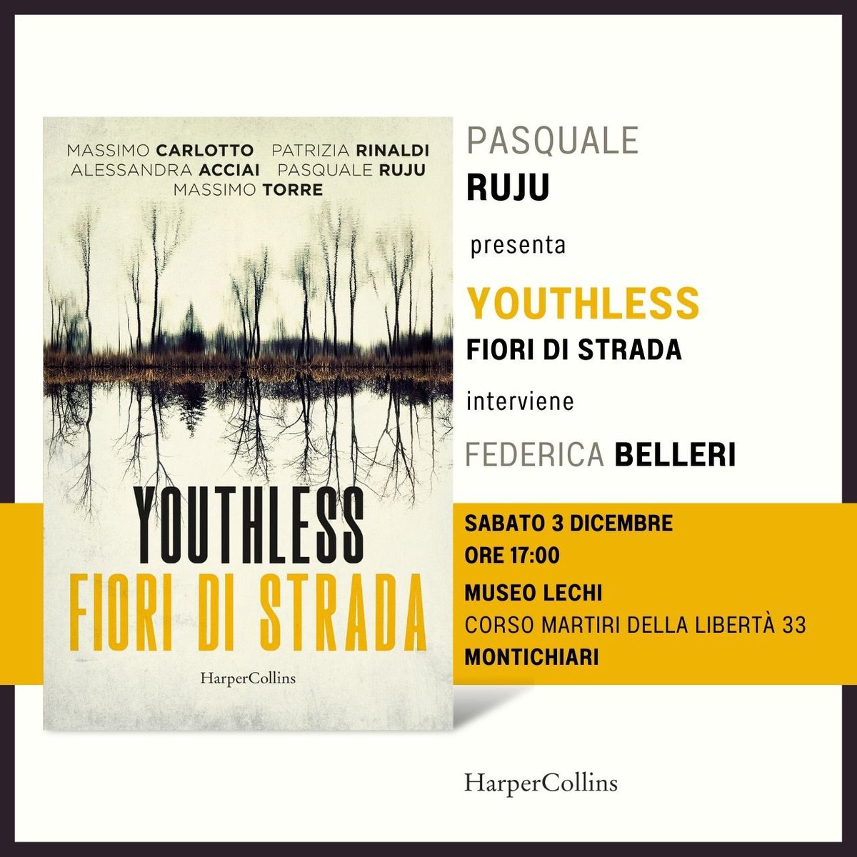 PasqualeRuju's tweet photo. Sabato prossimo, al Museo Lechi di Montichiari, sarà un piacere parlare di #Youthless con Federica Belleri!
#harpercollinsitalia
#unitedstoriesagency https://t.co/SuGfOvWMV1