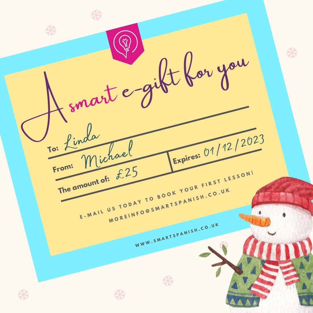 smart_spanish's tweet photo. This Christmas surprise your loved ones with our 𝗦𝗺𝗮𝗿𝘁 𝗲-𝗴𝗶𝗳𝘁 🎄🎁🎁 

📧 email us at moreinfo@smartspanish.co.uk for more details. 

#SmartSpanish
#smartegift
#christmas22🎄❄️ 
#spanishlessons
#clasesdeespañol 
#Barcelona
#Basingstoke
#London https://t.co/YSDxODXuMo
