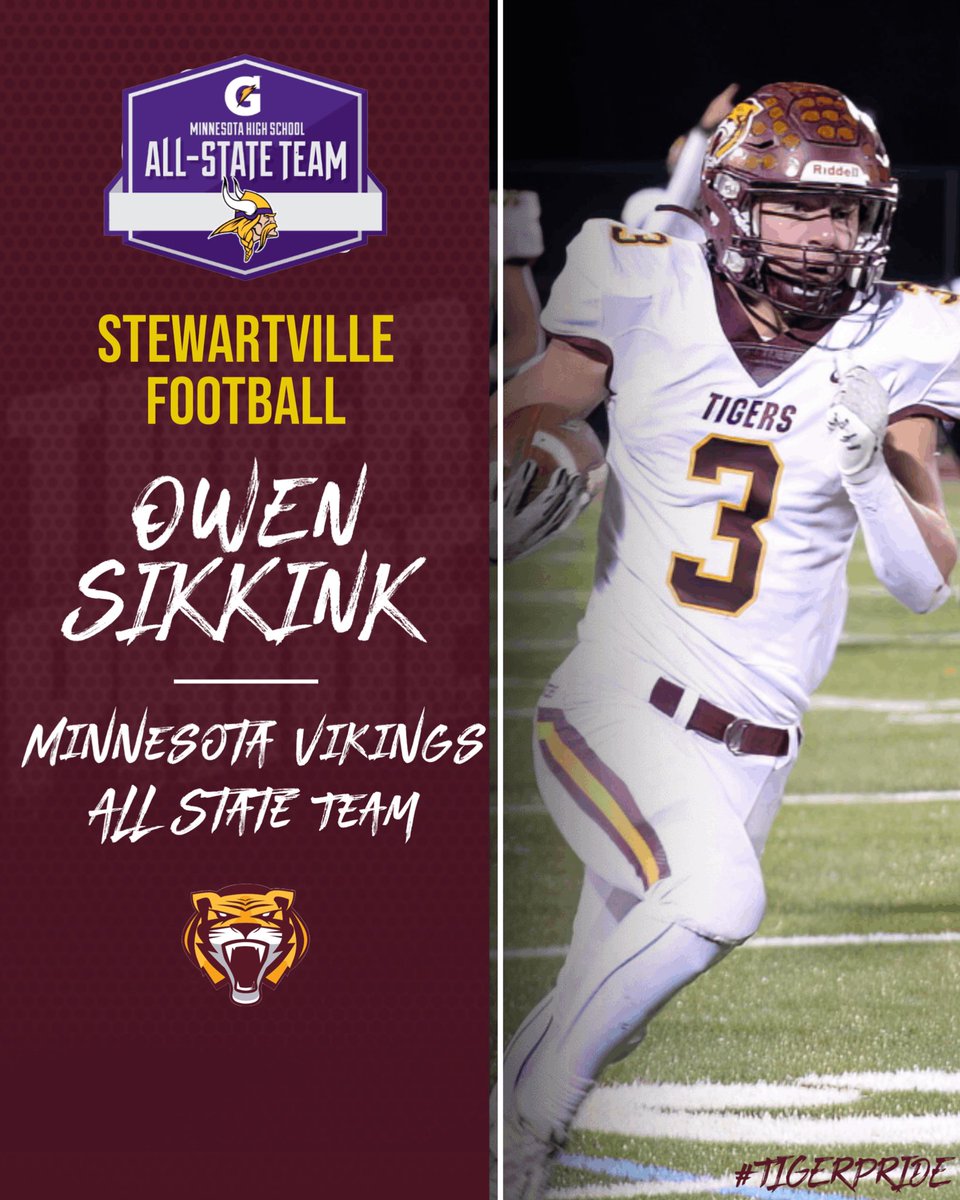 StewieFootball's tweet photo. Congrats to @sikkink_owen for being selected to the 2022 MInnesota Vikings All State Team! 

This is a select group of the top 32 senior football players in the state and the first ever player from Stewartville to make the team!

Owen’s Senior Highlights: https://t.co/IBzbfJTA0k https://t.co/erOP6Mctuf
