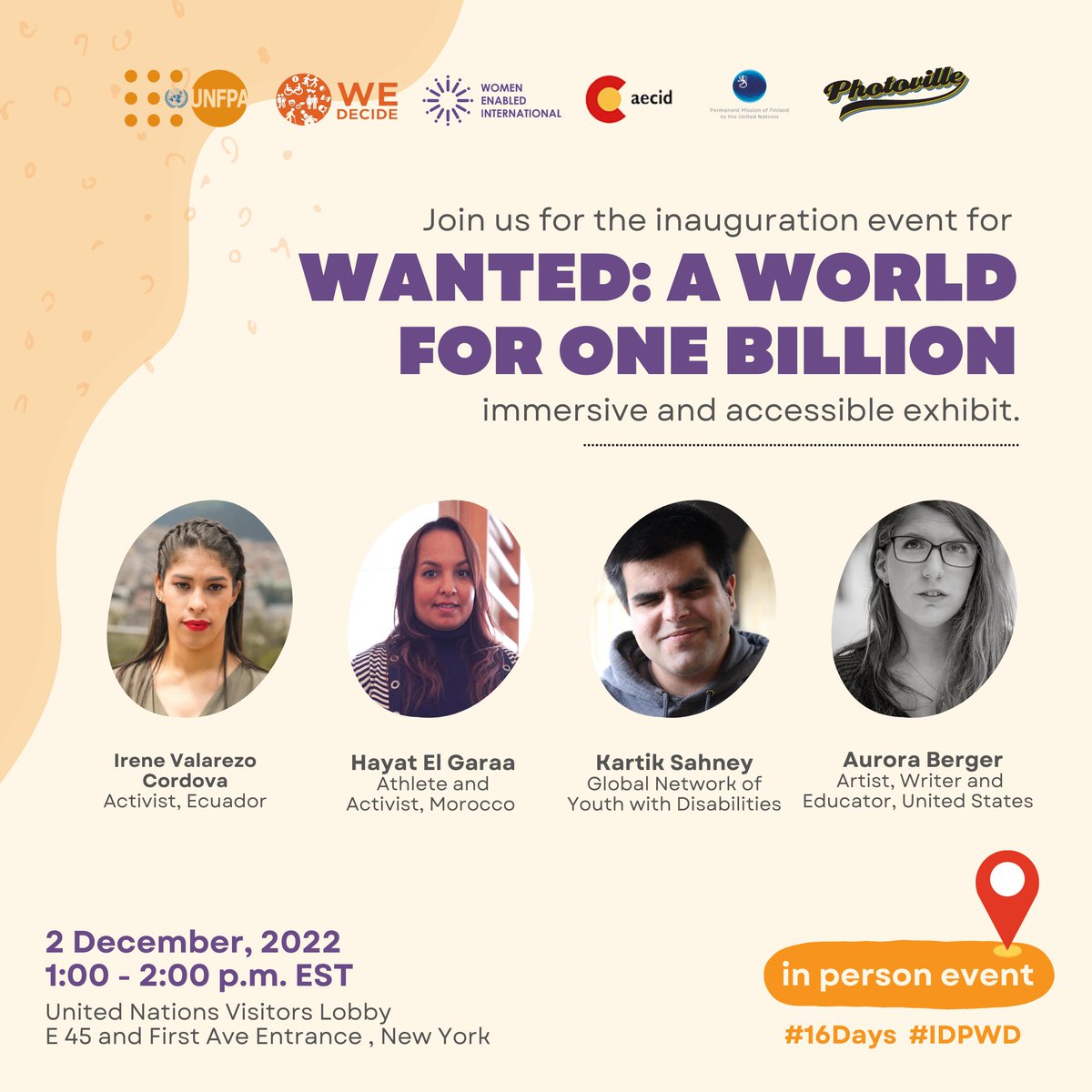 🔔 Mark your calendars!

Join us at the <a href="/UN/">United Nations</a> for our multi-sensory exhibit “Wanted: A World for One Billion” to mark the International Day of Persons with Disabilities.

🗓 Friday, 2 December
⏰ 1PM EST
📍 UN Visitors Lobby
 
⏩ Register here to attend: unf.pa/wel
