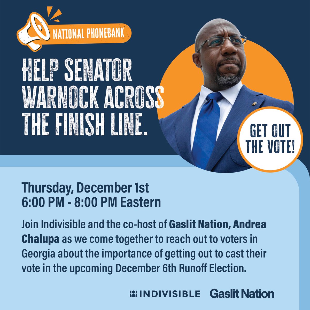 IndivisibleTeam's tweet photo. Join us TONIGHT as we reach out to voters in Georgia about the importance of getting out to cast their vote in the upcoming December 6th Runoff Election. 

https://t.co/Alou6Z99yS https://t.co/0JrchCu41T
