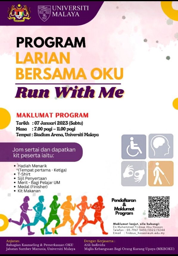 Sukacita nya (MKBOKU) akan menganjurkan *Program Larian Bersama OKU 'Run with Me' 2023* sempena Sambutan Hari OKU Sedunia Peringkat Universiti Malaya :
docs.google.com/forms/d/e/1FAI…
Tq.Mote info, 
(En Muhammad Firdaus Abu Hassan)
03-79673430/3322/3244 - email firdaus_hassan@um.edu.my.