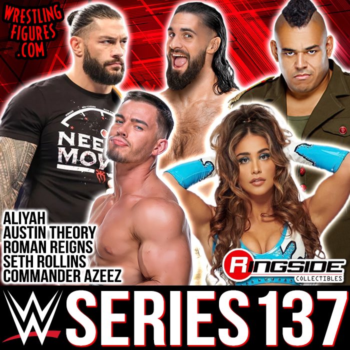 RingsideC's tweet photo. #Mattel #WWE #Series137 is up for PRE-ORDER!
Featuring #RomanReigns #SethRollins #AustinTheory #CommanderAzeez & #Aliyah
Shop now at https://t.co/6g158c7Pmv
#RingsideCollectibles #WrestlingFigures #WWEEliteSquad #WWERaw #SmackDown #WWENXT @mattel @wwe https://t.co/wAotufJKEx