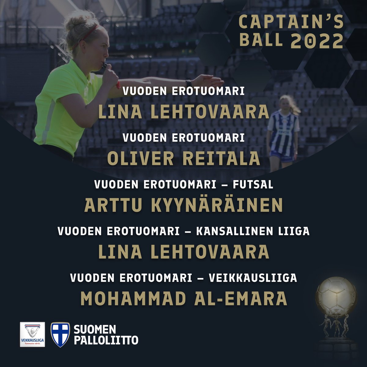 🏆 Vuoden erotuomarit: Lina Lehtovaara ja Oliver Reitala (jalkapallo) sekä Arttu Kyynäräinen (futsal). 
JPY:n erotuomaripalkinnot: Lehtovaara ja Mohammad Al-Emara. 
Vuoden avustavat erotuomarit: Jan-Peter Aravirta ja Heini Hyvönen. 

Onnea kaikille!

#CaptainsBall2022