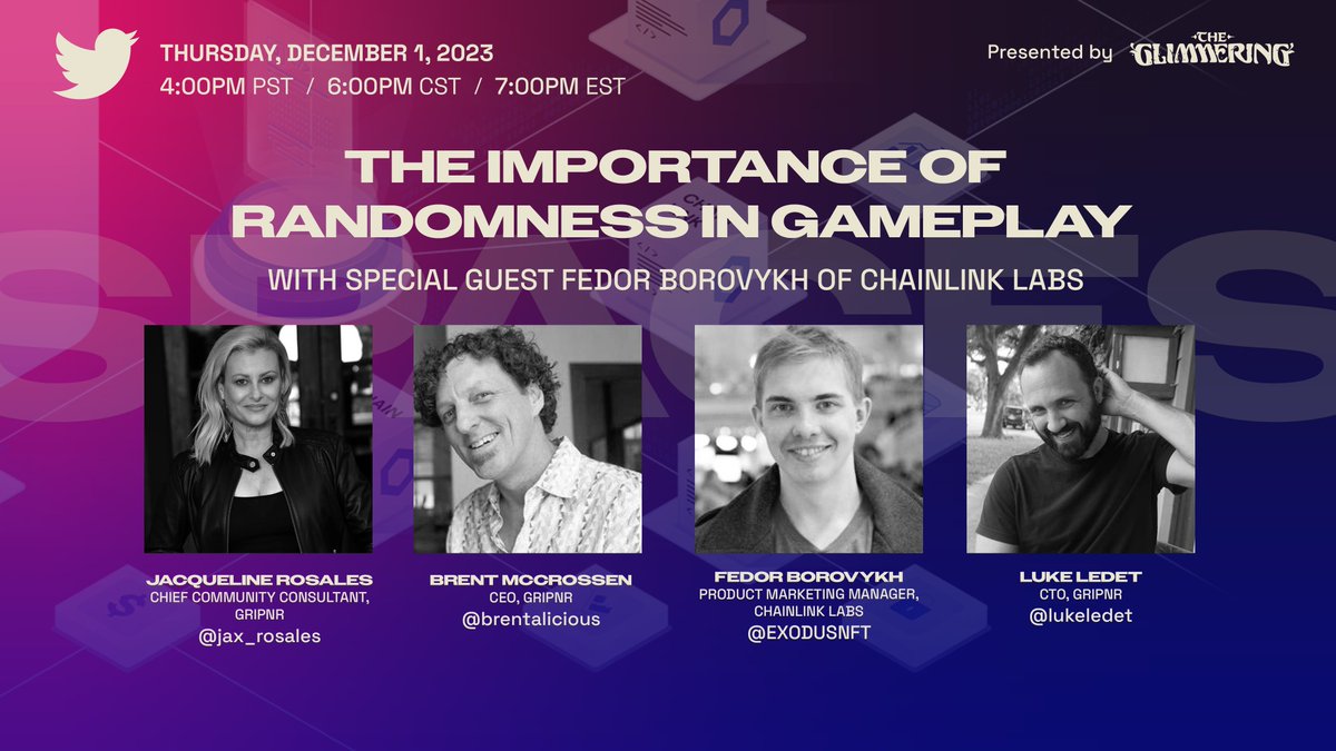 Tonight is the big night!

Join us for The Importance of Randomness in Gameplay with <a href="/chainlink/">Chainlink</a> tonight at 6PM CST!

🎙️<a href="/Jax_Rosales/">Jacqueline Rosales</a>
🎙️<a href="/brentalicious/">brent mccrossen</a>
🎙️<a href="/EXODUSNFT/">EXODUS</a>
🎙️<a href="/lukeledet/">Luke Ledet</a>
 
🔗x.com/i/spaces/1dRJZ…