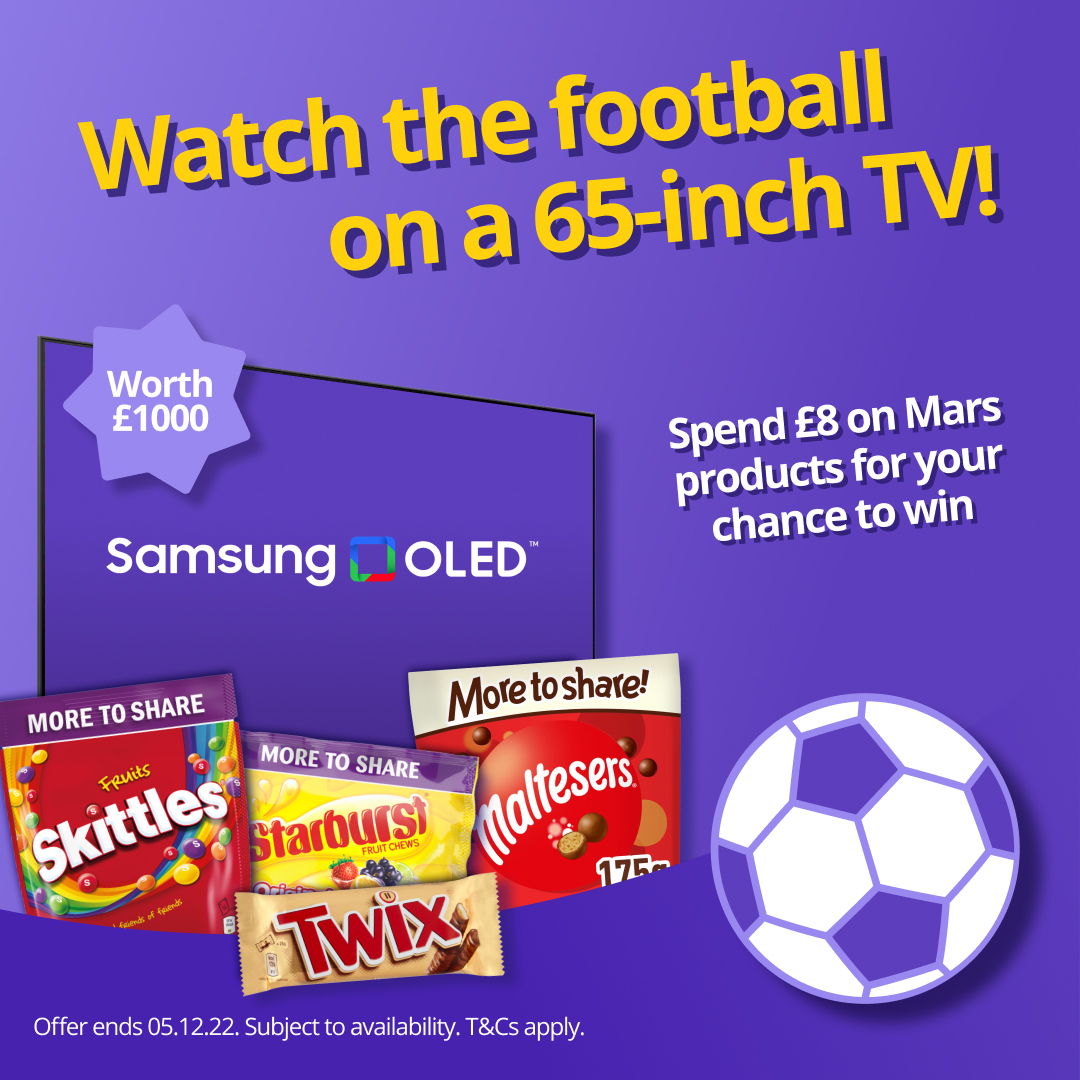 Fancy winning a brand new Samsung 65 Inch Smart TV?👀 We've teamed up with Mars to give one away, for a chance to win all you need to do is: 👉 Add £8 of Mars products to your basket in the Getir app & select this promo at checkout Offer ends 05.12.22 T&Cs apply #football