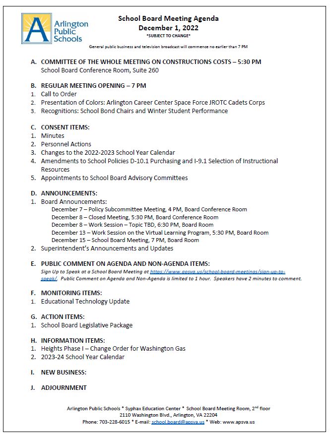 The agenda for today's December 1, 2022, @ 7 pm, SB Meeting is posted on BoardDocs:
<a target='_blank' href='https://t.co/4l4LELbDUE'>https://t.co/4l4LELbDUE</a> - Subject to change.

Meetings are available for viewing live on the APS website <a target='_blank' href='https://t.co/OxE5eTLJcd'>https://t.co/OxE5eTLJcd</a>…
Broadcast on Comcast Cable Channel 70 & Verizon FIOS Channel 41 <a target='_blank' href='https://t.co/yhTCKmVNpL'>https://t.co/yhTCKmVNpL</a>