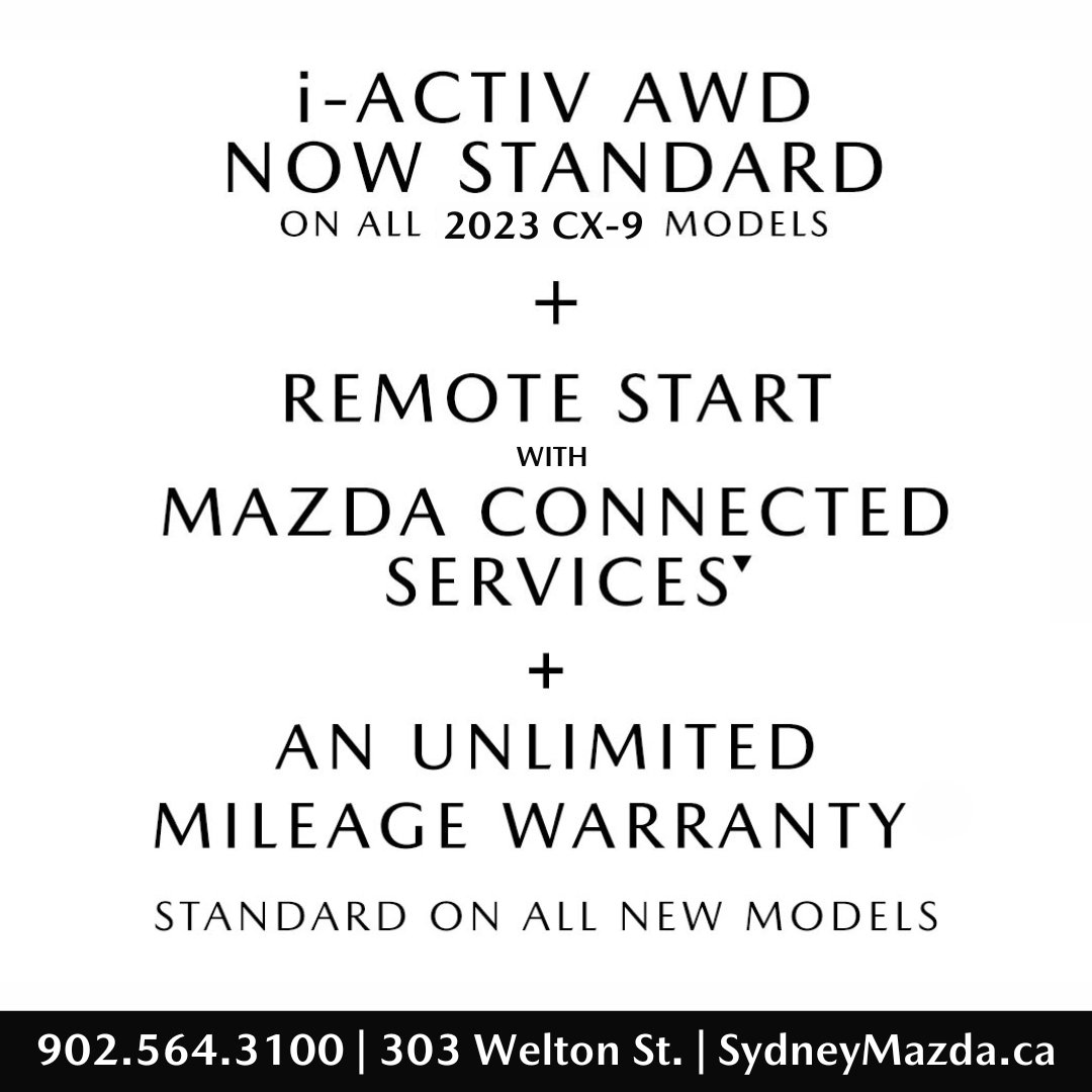 SydneyMazda's tweet photo. It’s the joy in every drive; built into every Mazda.

Engineered to adapt to all road conditions, i-Activ All-Wheel Drive is standard on all CX-9 models!

New inventory arriving daily!

🏬: 303 Welton Street
💻: https://t.co/VkHNjDN7rE
📞: 902-564-3100
#SydneyMazda https://t.co/dCOlaQ701s