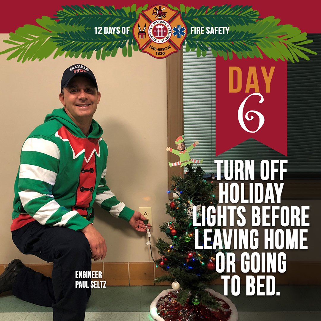 FranklinFire's tweet photo. On the 6th day of the #12DaysofFireSafety Engineer Paul Seltz gave this tip to me: 
Turn off holiday lights before leaving home or going to bed.
#FranklinFire https://t.co/XH7LiStnZW