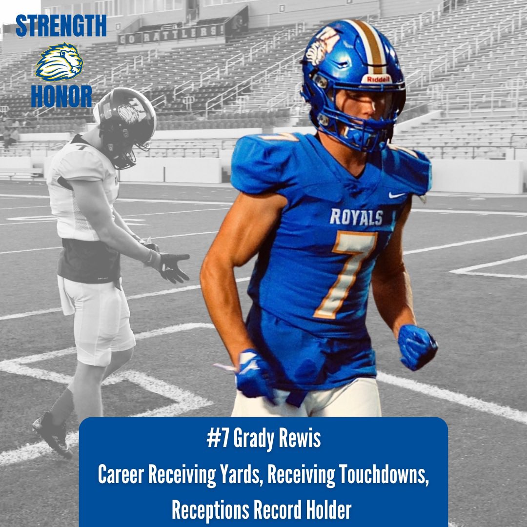 Royals__FB's tweet photo. Congratulations to @GradyRewis our new school-record holder in career receiving  yards, career receptions, and career receiving touchdowns! 

#StrengthandHonor https://t.co/6uPEphukSR