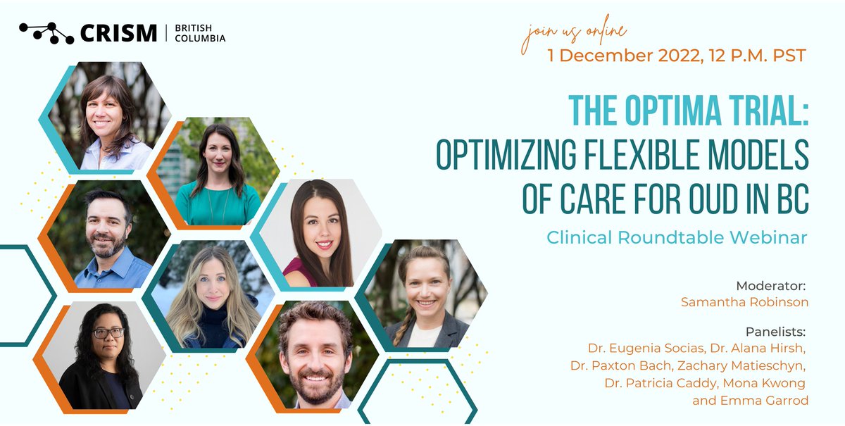 Happening today!

"The OPTIMA Trial: Optimizing Flexible Models of Care for OUD in BC"

A discussion on the implementation &amp; expansion of flexible models of care for the clinical management and treatment of OUD.

Thursday, Dec 1 @ 12pm PST. Register here: echo.zoom.us/meeting/regist…