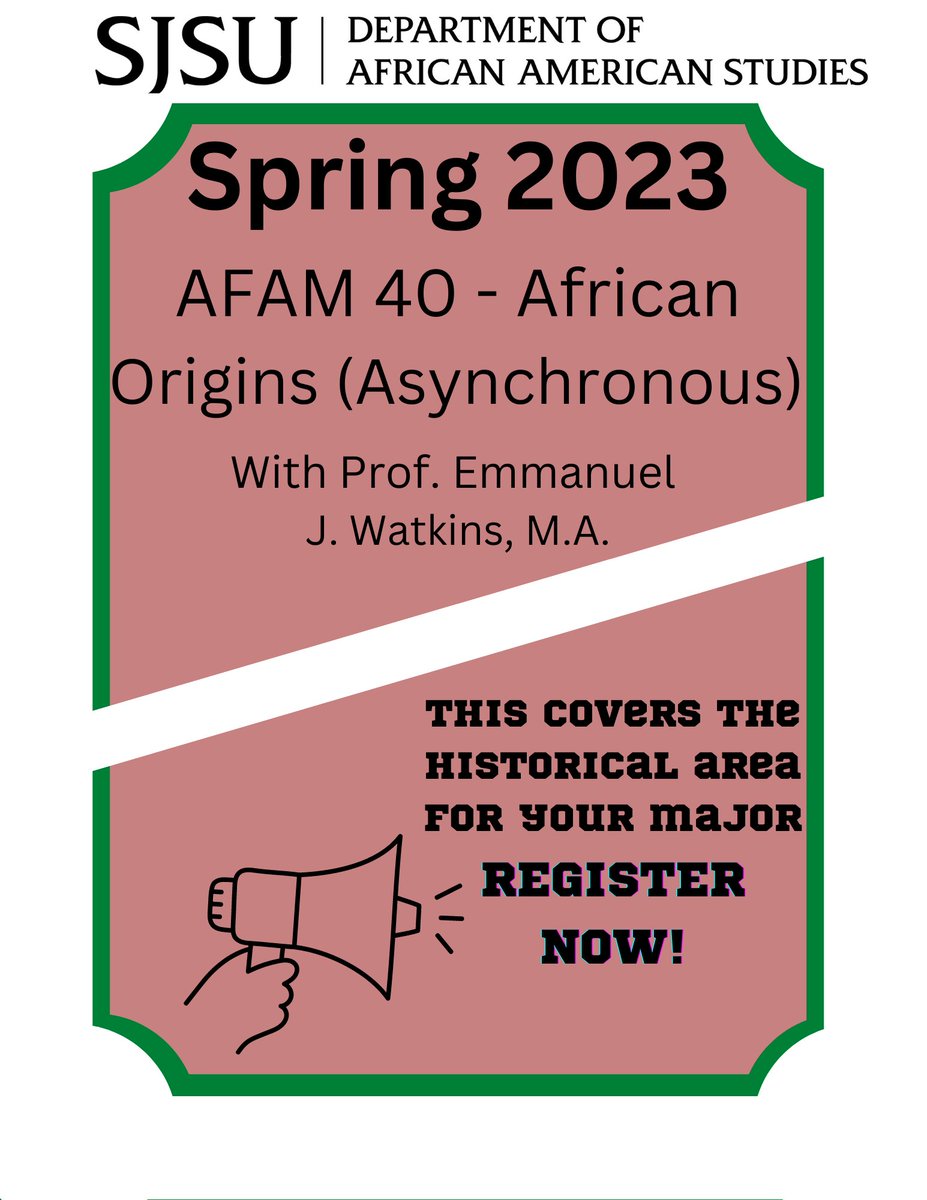 AFAM Majors enroll today in AFAM 40 for next semester. This course is a requirement for Department Majors. #sjsu #Blackstudies