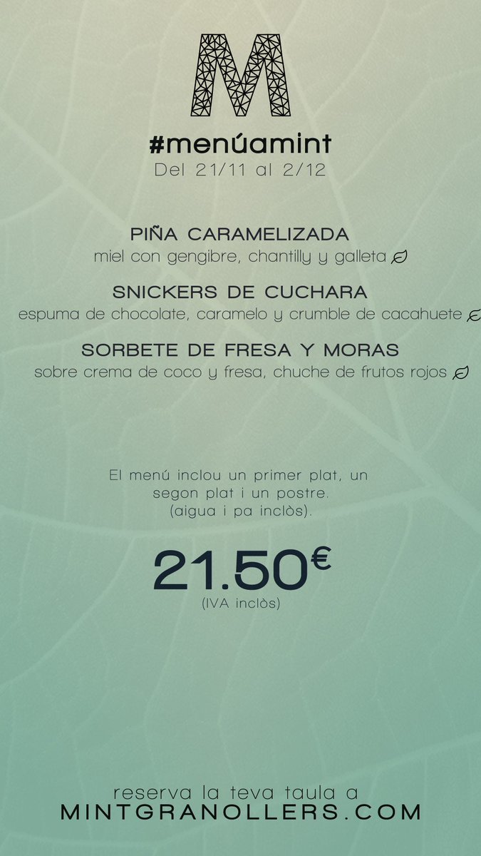 mintgranollers's tweet photo. El #menúamint: Del 21/11 al 2/12
El #menúenmint: Del 21/11 al 2/12
The #setlunchmenu: 21/11 through 2/12
Le #menúamint: Du 21 novembre au 02 décembre
#mint #restaurant #Granollers 

https://t.co/tLRi8WnXsK https://t.co/7eczeVVPTo
